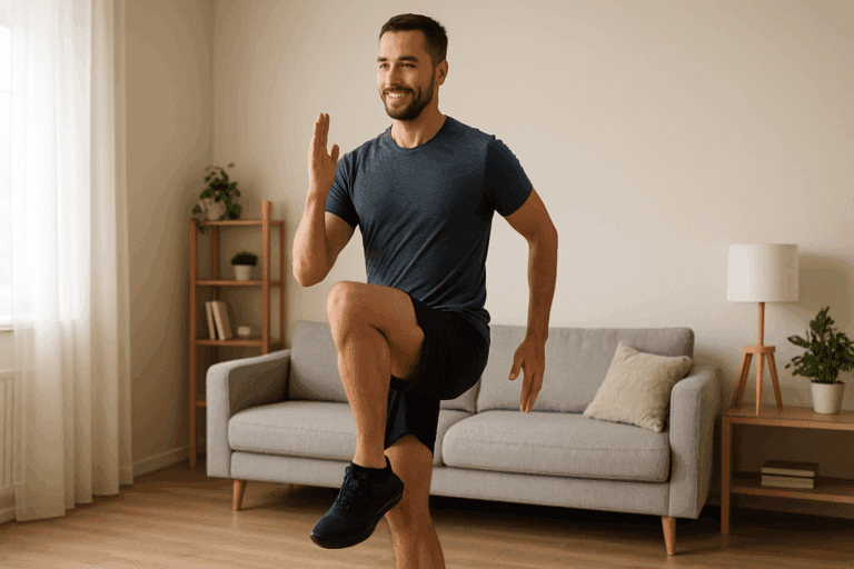 Fit man doing high knees in a bright living room during an Easy 10 Minute Cardio Workout at Home