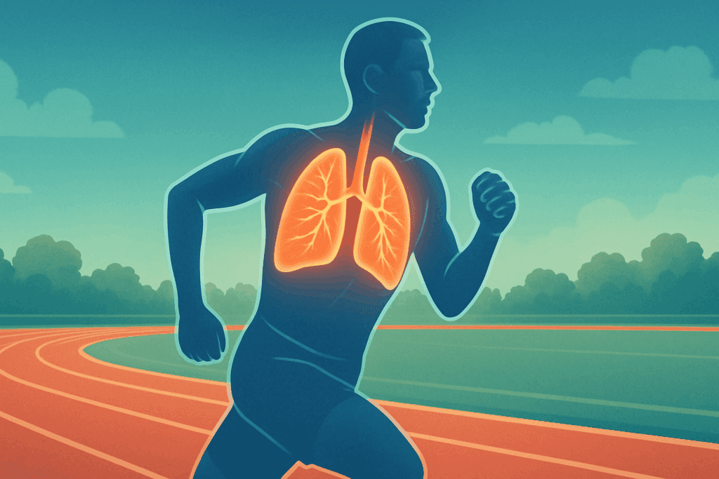 Boost Lung Capacity Naturally: How to Improve Lung Function and Build Endurance with Targeted Breathing Exercises 1 Athletic runner with glowing lungs on a track symbolizing how to boost lung capacity naturally and improve endurance.
