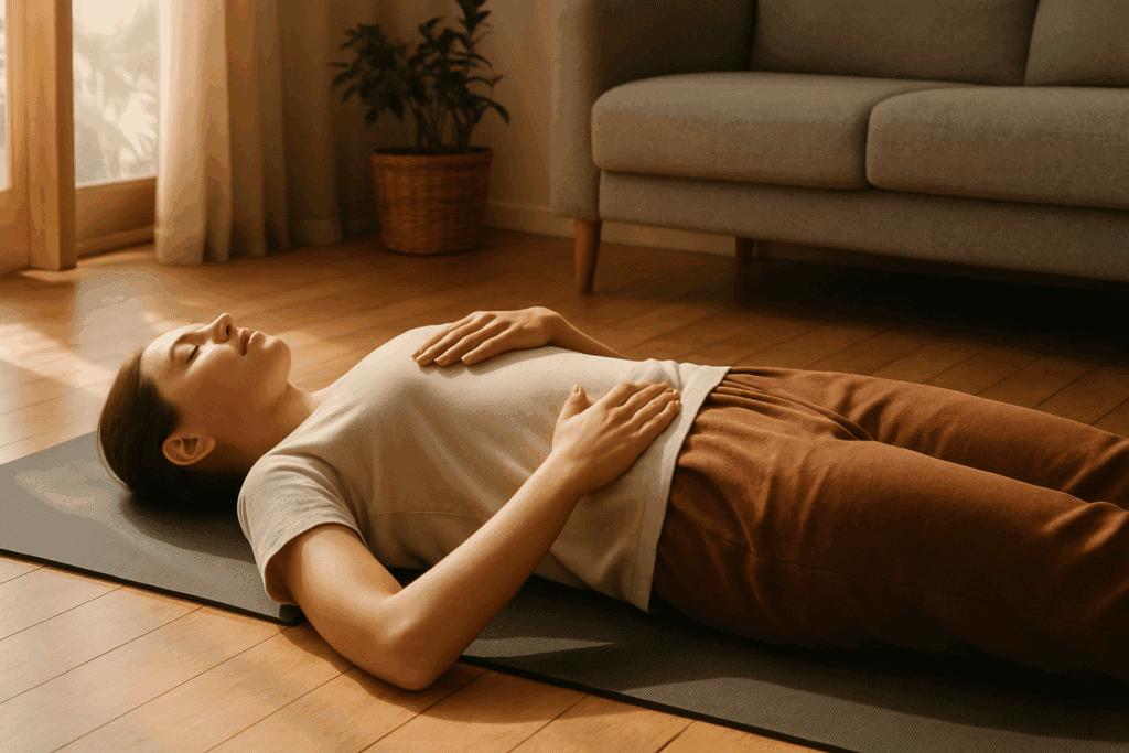 Boost Lung Capacity Naturally: How to Improve Lung Function and Build Endurance with Targeted Breathing Exercises 2 Person practicing deep belly breathing on a yoga mat in natural light to boost lung capacity naturally indoors