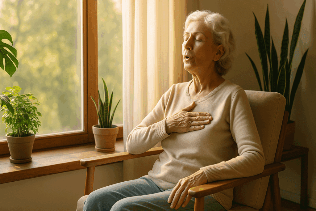Boost Lung Capacity Naturally: How to Improve Lung Function and Build Endurance with Targeted Breathing Exercises 3 Elderly woman practicing deep breathing exercises by a sunny window surrounded by plants to boost lung capacity naturally.