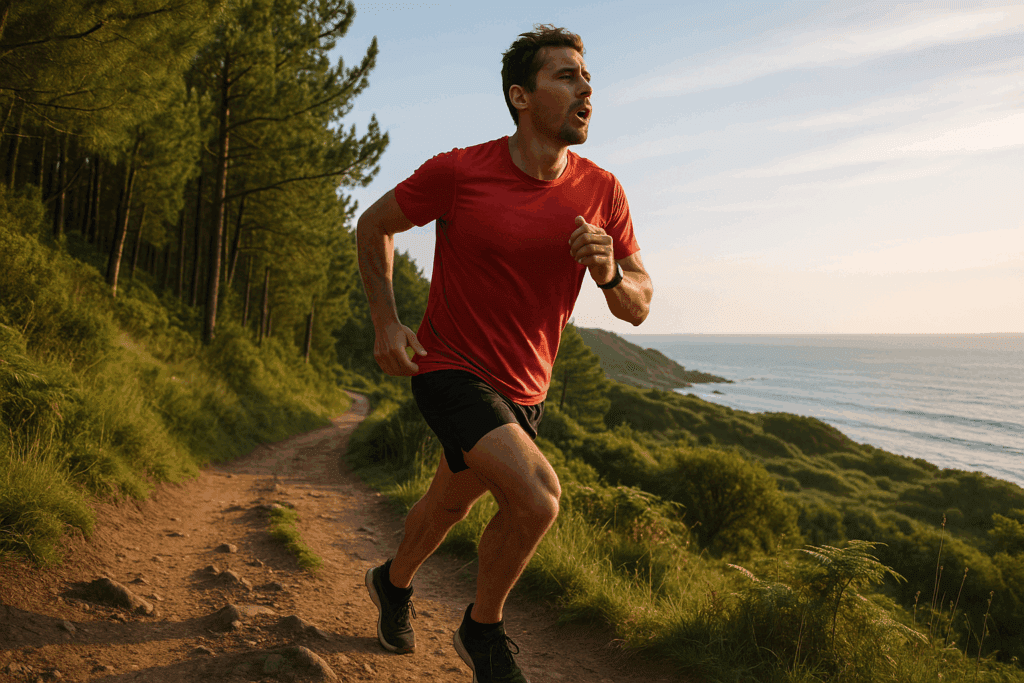 Boost Lung Capacity Naturally: How to Improve Lung Function and Build Endurance with Targeted Breathing Exercises 4 Runner breathing deeply on a coastal forest trail during sunrise, showcasing endurance training to boost lung capacity naturally