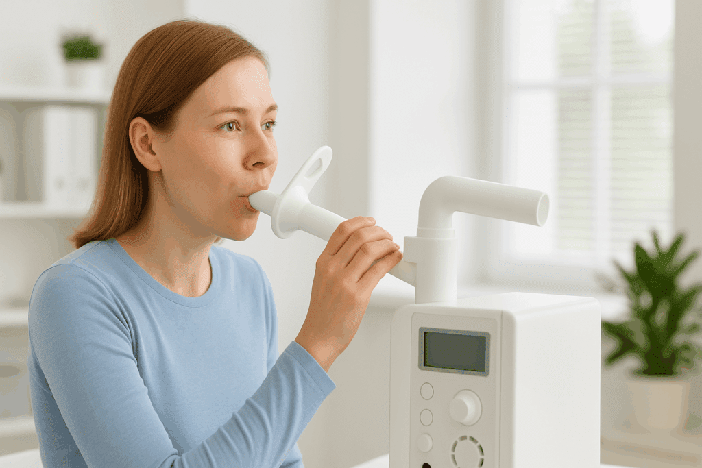 Boost Lung Capacity Naturally: How to Improve Lung Function and Build Endurance with Targeted Breathing Exercises 5 Focused woman using a pulmonary function test device in a bright medical office to boost lung capacity naturally.