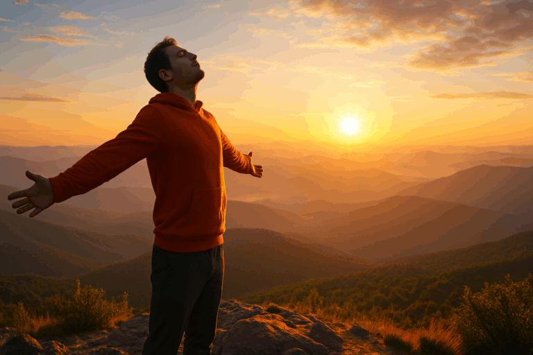 Person standing on a mountain at sunrise with arms wide open, breathing in fresh air to boost lung capacity naturally