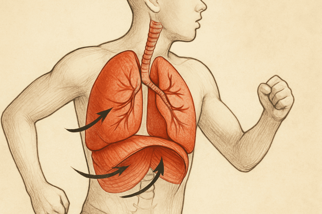 Anatomical side-view illustration of lungs expanding during exercise, highlighting diaphragm and intercostal muscles to depict pulmonary rehabilitation exercises.