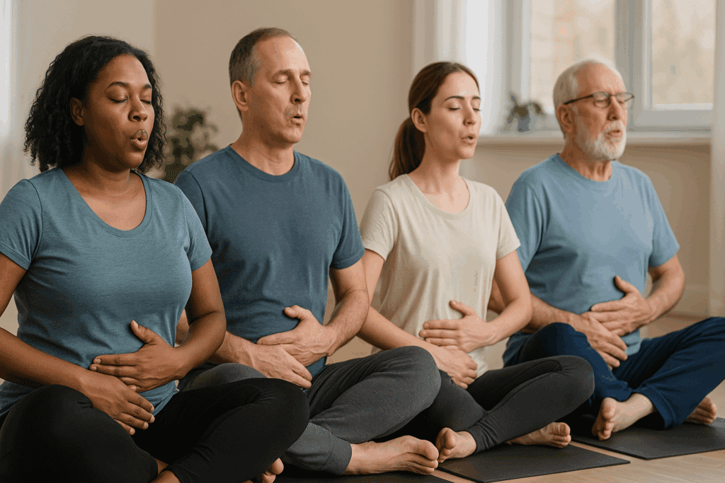 Diverse group of adults practicing pulmonary rehabilitation exercises indoors, focusing on pursed-lip and diaphragmatic breathing techniques.