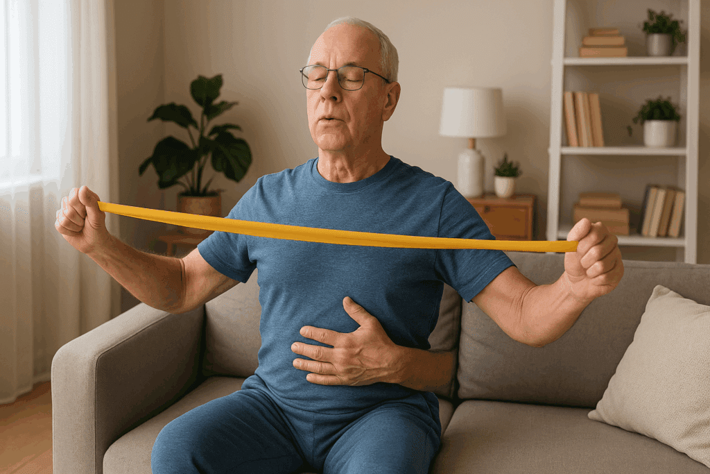 Senior man practicing pulmonary rehabilitation exercises by performing seated diaphragmatic breathing and resistance band training in a bright living room.