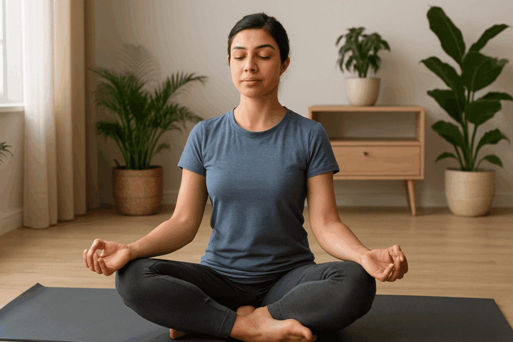 Person practicing pulmonary rehabilitation exercises with seated diaphragmatic breathing and resistance band in a cozy, sunlit living room