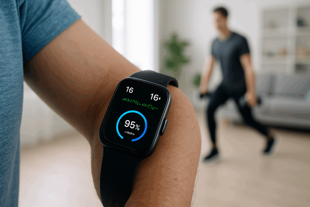 Smartwatch displaying respiratory rate and oxygen saturation during pulmonary rehabilitation exercises in a modern home gym