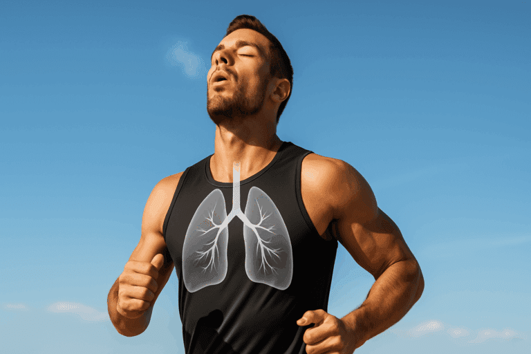 Man performing pulmonary rehabilitation exercises outdoors under clear blue skies, emphasizing lung health, endurance, and vitality.