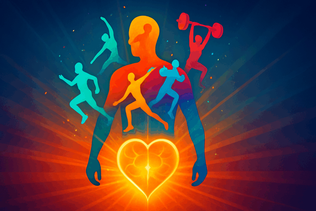 Boost Performance Naturally: How Physical Activities That Are Beneficial to Health Include Strength, Endurance, and Long-Term Fitness Gains 1 Silhouette of a human figure composed of athletes sprinting, lifting weights, and stretching, symbolizing physical activities that are beneficial to health.