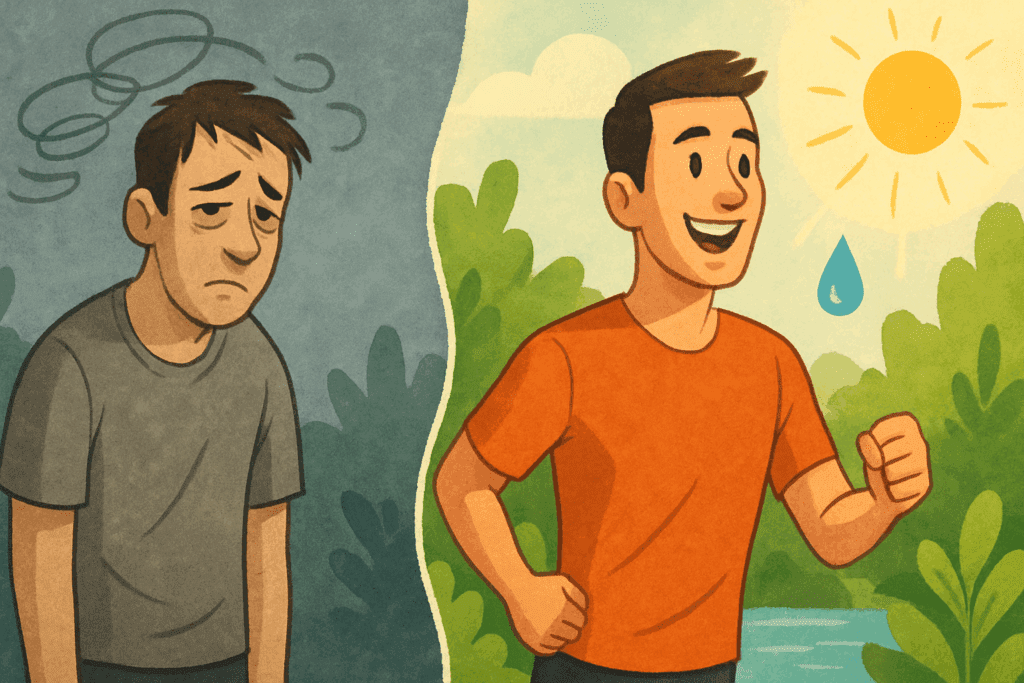 Boost Performance Naturally: How Physical Activities That Are Beneficial to Health Include Strength, Endurance, and Long-Term Fitness Gains 2 Illustration showing the positive transformation from stressed to energized through physical activities that are beneficial to health, with greenery, sunlight, and water in the background.