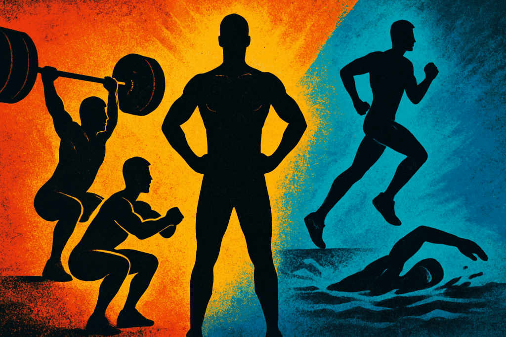 Boost Performance Naturally: How Physical Activities That Are Beneficial to Health Include Strength, Endurance, and Long-Term Fitness Gains 3 Collage of physical activities that are beneficial to health, featuring weightlifting, squats, running, swimming, and a strong central human figure against a vibrant backdrop.