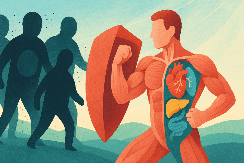 Boost Performance Naturally: How Physical Activities That Are Beneficial to Health Include Strength, Endurance, and Long-Term Fitness Gains 4 Muscular human figure shielding vibrant heart and organs from dark disease shapes, symbolizing physical activities that are beneficial to health