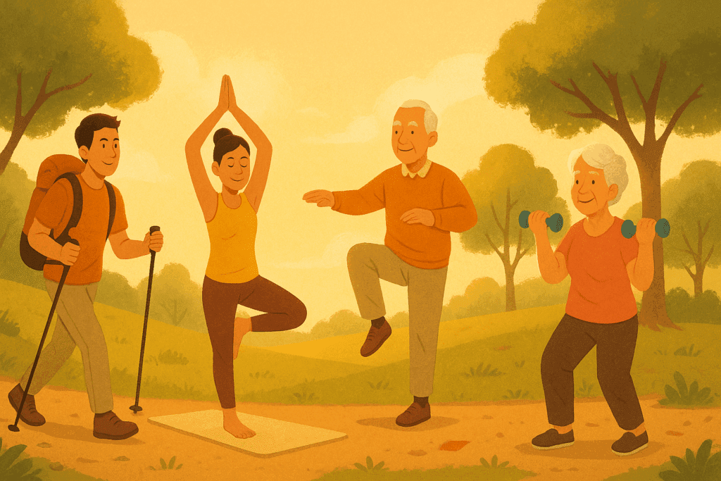Boost Performance Naturally: How Physical Activities That Are Beneficial to Health Include Strength, Endurance, and Long-Term Fitness Gains 5 Young adult hiking, middle-aged woman doing yoga, older man practicing balance, and elderly woman lifting weights outdoors, illustrating physical activities that are beneficial to health.