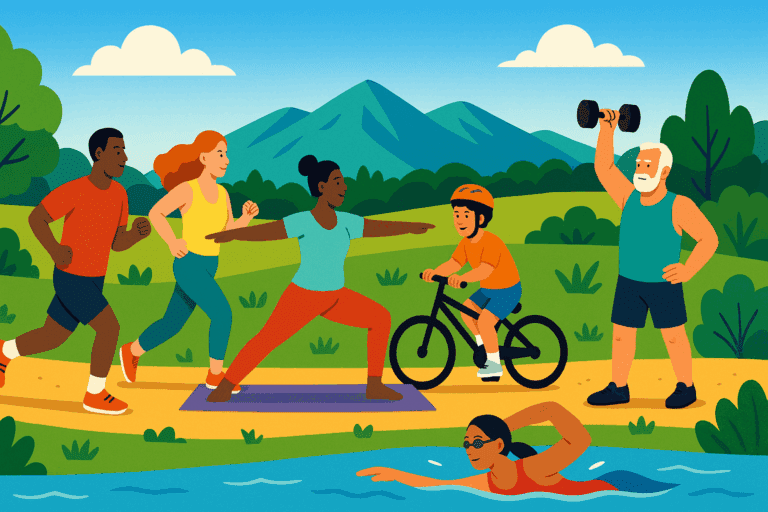 Diverse group of people running, biking, practicing yoga, swimming, and strength training outdoors, illustrating physical activities that are beneficial to health.