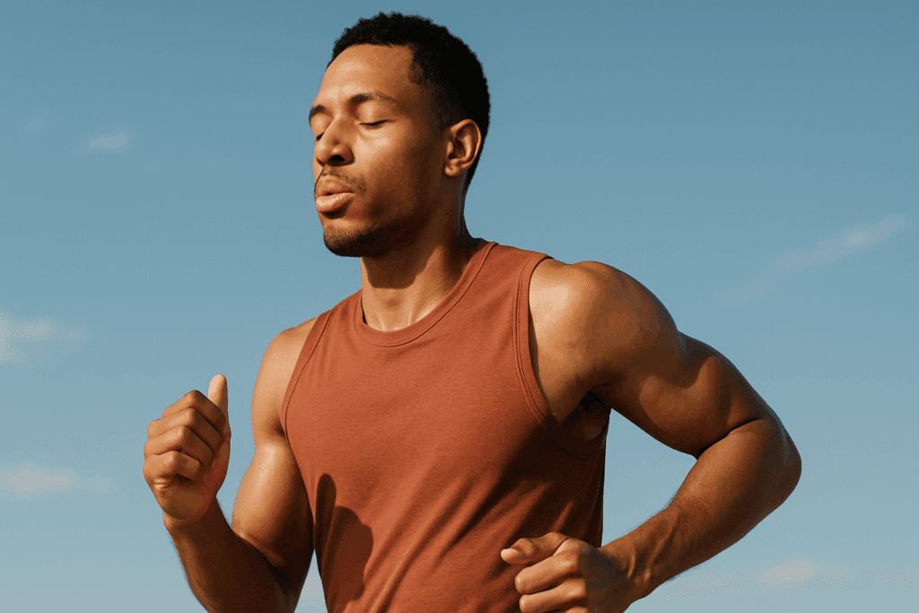 Boost Performance Naturally: How to Increase Aerobic Endurance and Build Cardio Capacity for Lasting Stamina 1 Athletic man jogging outdoors under clear blue sky, practicing deep breathing and steady pacing to show how to increase aerobic endurance