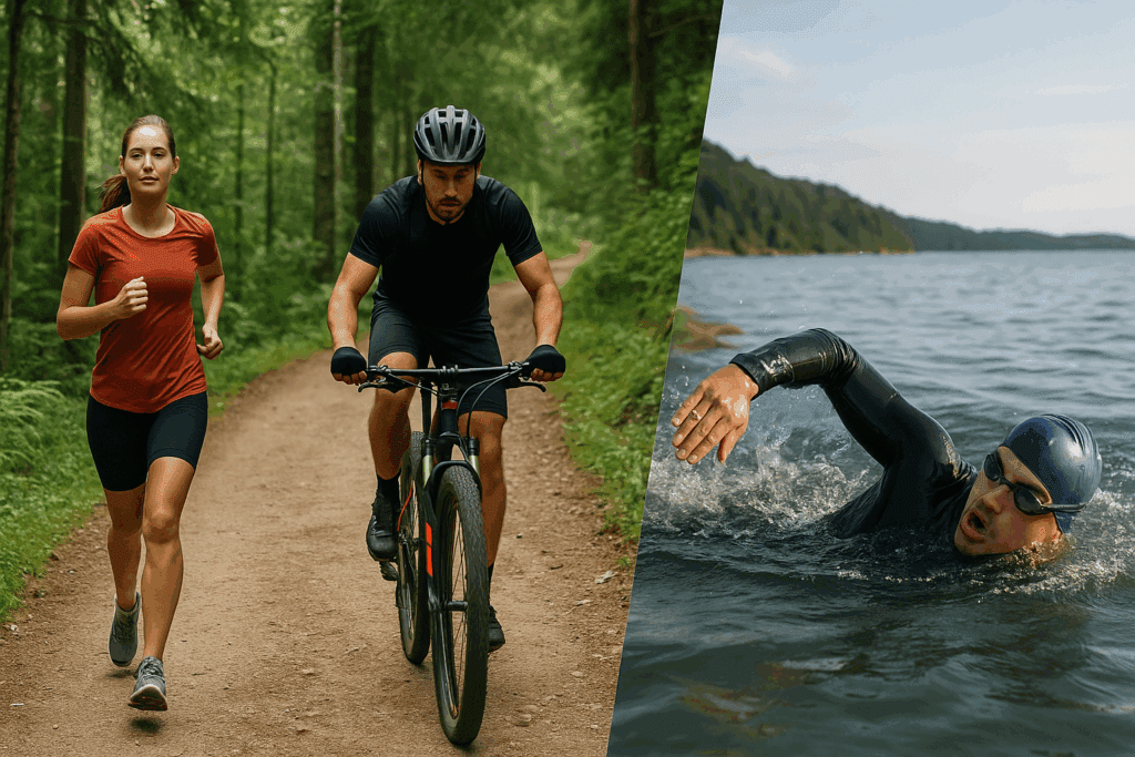Boost Performance Naturally: How to Increase Aerobic Endurance and Build Cardio Capacity for Lasting Stamina 3 Jogger running a forest trail, cyclist riding a mountain path, and swimmer training in open water showing how to increase aerobic endurance.