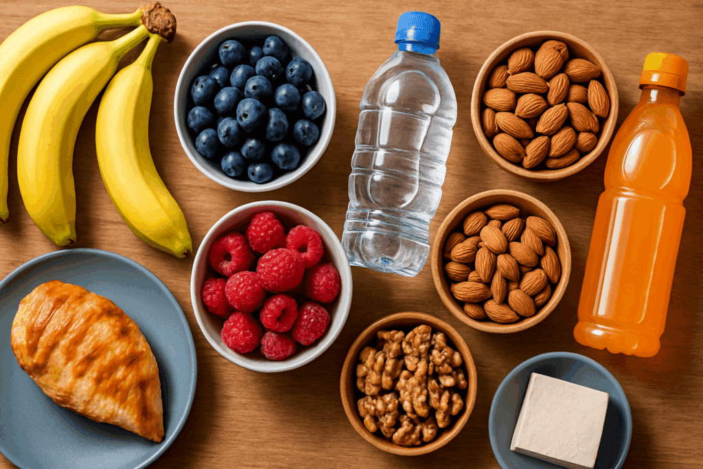 Boost Performance Naturally: How to Increase Aerobic Endurance and Build Cardio Capacity for Lasting Stamina 4 Flat-lay of bananas, berries, nuts, chicken, tofu, water, and electrolyte drinks for fitness nutrition, illustrating how to increase aerobic endurance.
