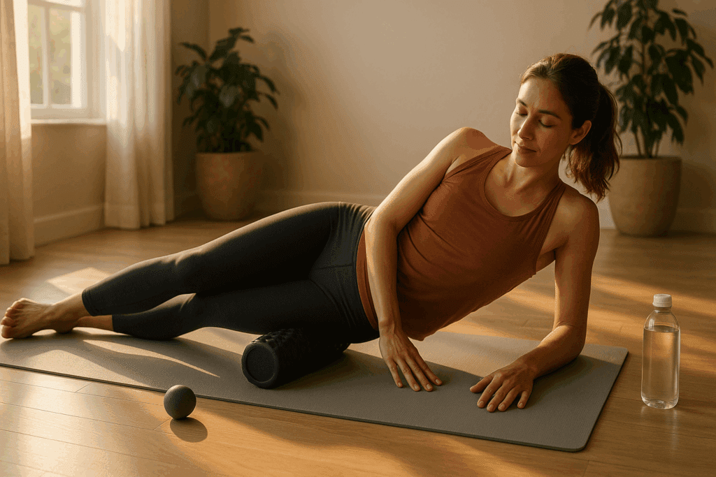 Boost Performance Naturally: How to Increase Aerobic Endurance and Build Cardio Capacity for Lasting Stamina 5 Athlete using foam roller on yoga mat in sunlit room with water bottle and massage ball, showing how to increase aerobic endurance through recovery.