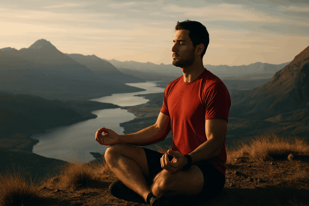 Boost Performance Naturally: How to Increase Aerobic Endurance and Build Cardio Capacity for Lasting Stamina 6 Runner practicing mindfulness atop a mountain ridge at sunrise, symbolizing mental resilience and showing how to increase aerobic endurance.