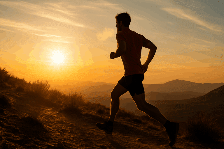Runner building stamina on a rugged trail at sunrise, illustrating how to increase aerobic endurance naturally