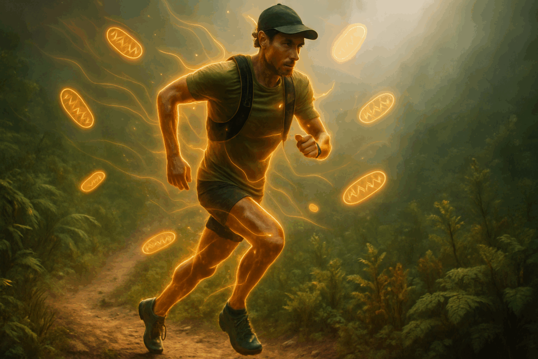 High-performance trail runner glowing with natural energy on forest path, symbolizing what can I take for energy and motivation.