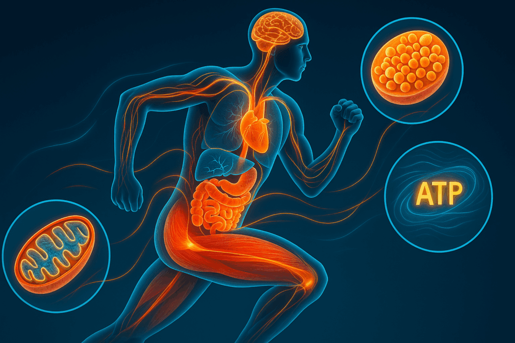Human body in motion with glowing internal organs showing ATP, mitochondria, and glycogen use—illustrating what can I take for energy and motivation