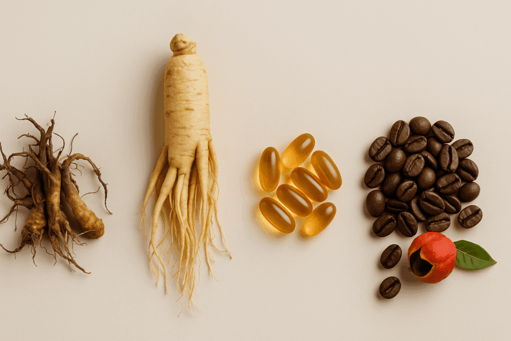 Natural energy supplements including Rhodiola rosea, ginseng, CoQ10 capsules, and caffeine sources like guarana and coffee beans—answers to what can I take for energy and motivation.
