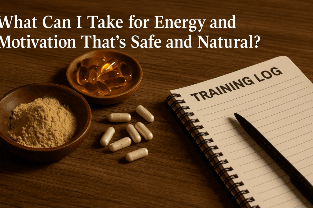 Holistic supplements including maca powder, B-complex vitamins, and L-tyrosine capsules on a wooden table with a training journal, illustrating what can I take for energy and motivation naturally.