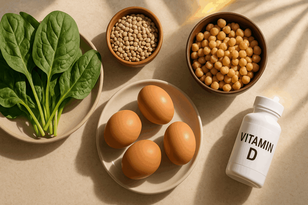 Colorful whole foods on a kitchen counter—spinach, eggs, legumes, and vitamin D—highlighting what can I take for energy and motivation