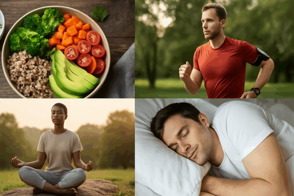 Collage showing what can I take for energy and motivation—balanced meal with grains and veggies, outdoor meditation, restful sleep, and fitness training with a heart monitor