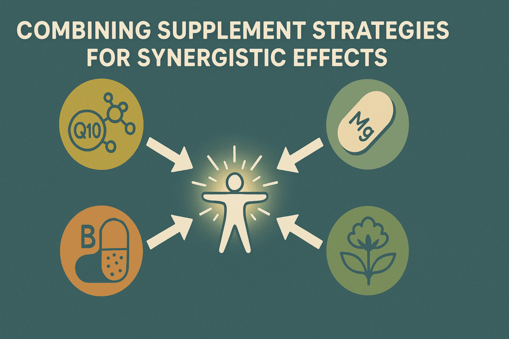 Icons of CoQ10, B-complex, Rhodiola, and magnesium converging into a glowing human figure, visualizing what can I take for energy and motivation