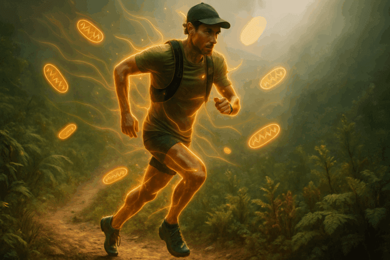 High-performance trail runner glowing with natural energy on forest path, symbolizing what can I take for energy and motivation.