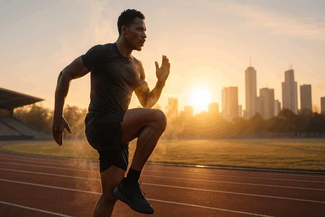 Athlete performing high knees at sunrise on a track, showcasing the best cardio warm up routine for endurance training.