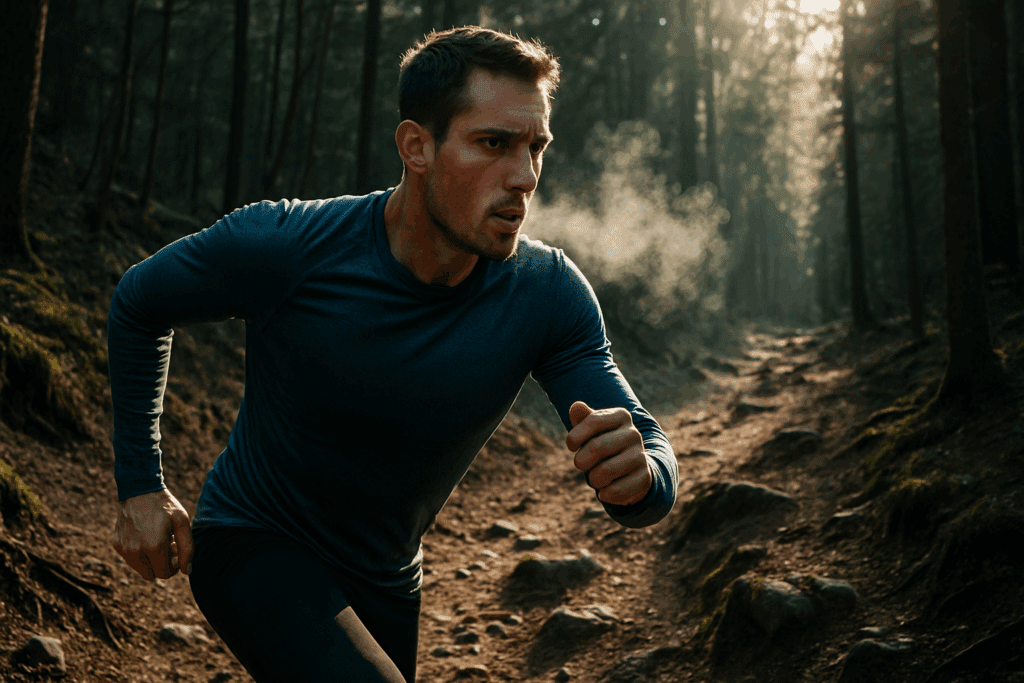Boost Performance and Build Stamina Naturally with These Expert-Approved Outdoor Cardio Workout Routines 1 Determined runner on a rugged forest trail with visible breath vapor during cold weather, demonstrating outdoor cardio workout routines