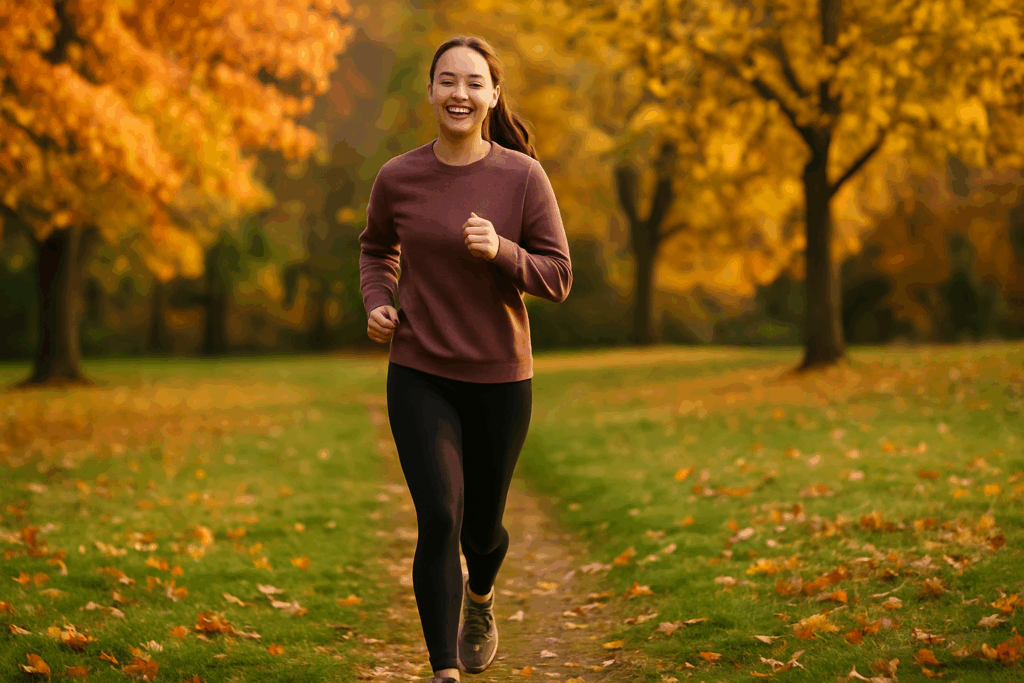 Boost Performance and Build Stamina Naturally with These Expert-Approved Outdoor Cardio Workout Routines 3 Smiling woman jogging on a grassy park trail surrounded by colorful autumn leaves, demonstrating beginner-friendly outdoor cardio workout routines.