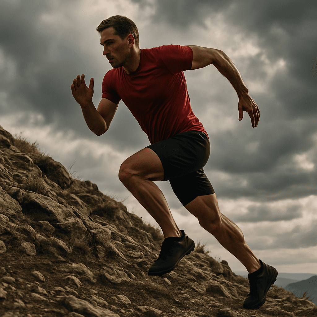 Boost Performance and Build Stamina Naturally with These Expert-Approved Outdoor Cardio Workout Routines 4 Trail runner sprinting up a rocky mountain path under dramatic clouds, showcasing strength and endurance for outdoor cardio workout routines.