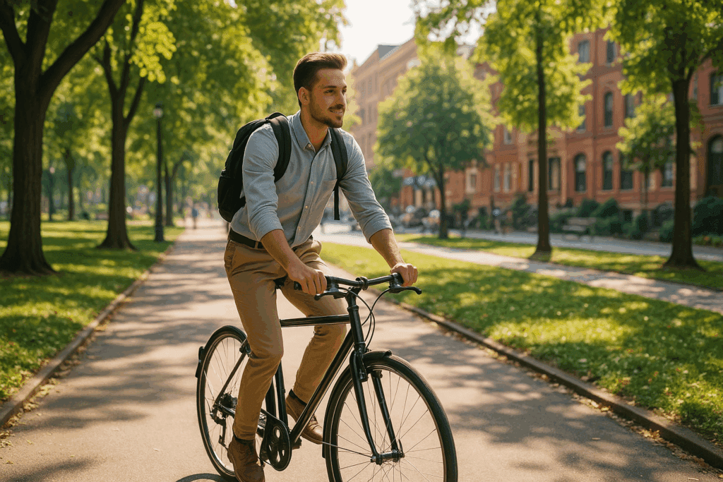 Boost Performance and Build Stamina Naturally with These Expert-Approved Outdoor Cardio Workout Routines 6 Man biking through a sunny city park in casual work clothes with a backpack, showcasing realistic outdoor cardio workout routines.