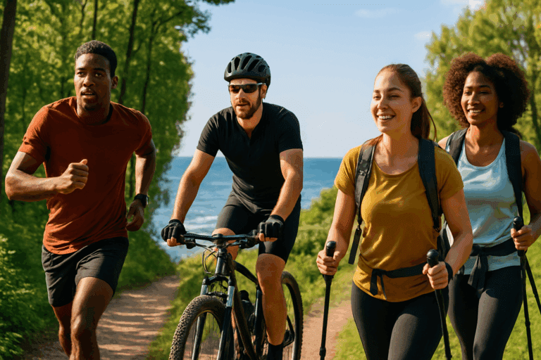 Diverse athletes engaging in outdoor cardio workout routines, including running, cycling, and hiking along scenic forest trails and coastal paths under clear skies.