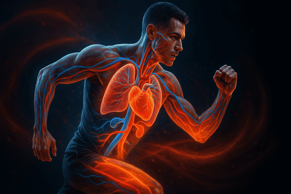 Boost Performance and Endurance with This Complete Full Body Cardio Workout: A 30 Minute Cardio Routine to Build Strength and Stamina Naturally 1 Athletic man performing a full body cardio workout with a glowing visualization of the heart, lungs, and arteries highlighting blood and oxygen flow