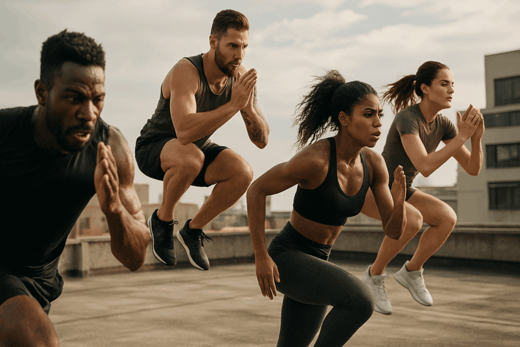 Boost Performance and Endurance with This Complete Full Body Cardio Workout: A 30 Minute Cardio Routine to Build Strength and Stamina Naturally 2 Group of athletes performing an intense full body cardio workout with sprinting and jumping exercises on an urban rooftop