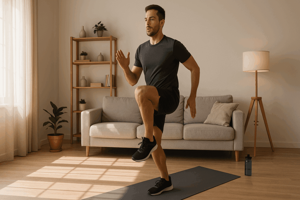 Boost Performance and Endurance with This Complete Full Body Cardio Workout: A 30 Minute Cardio Routine to Build Strength and Stamina Naturally 3 Man performing a full body cardio workout with high knees in a sunlit modern living room on a yoga mat.