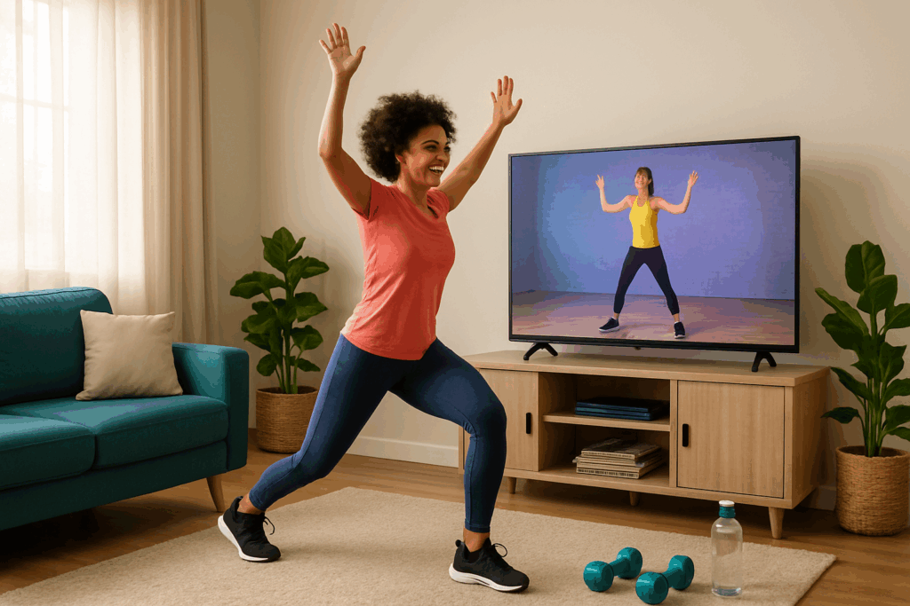 Boost Performance and Endurance with This Complete Full Body Cardio Workout: A 30 Minute Cardio Routine to Build Strength and Stamina Naturally 4 Woman performing a full body cardio workout at home, following a fitness video on TV, with dumbbells and a water bottle nearby.
