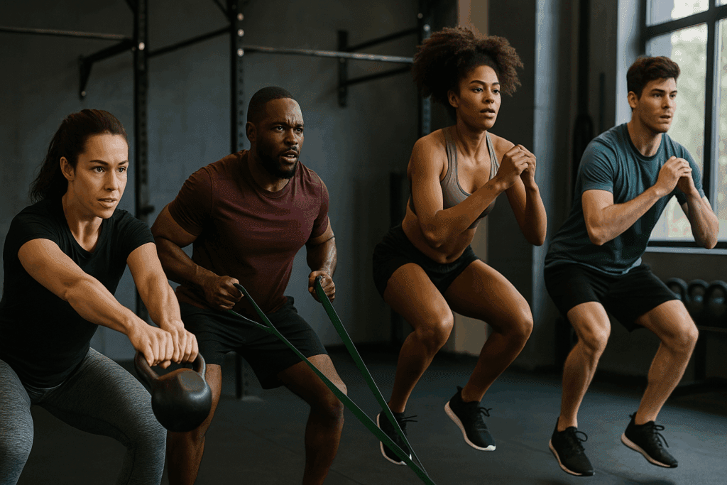 Boost Performance and Endurance with This Complete Full Body Cardio Workout: A 30 Minute Cardio Routine to Build Strength and Stamina Naturally 5 Diverse group of athletes performing a full body cardio workout with kettlebell swings, resistance band rows, and squat jumps in a gym