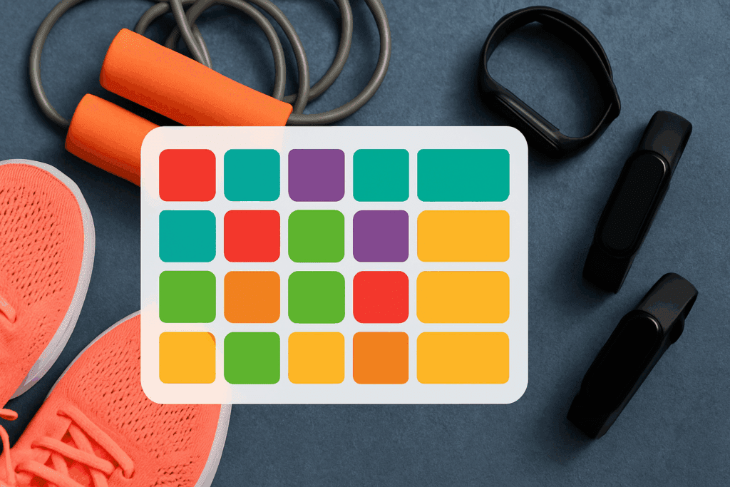 Boost Performance and Endurance with This Complete Full Body Cardio Workout: A 30 Minute Cardio Routine to Build Strength and Stamina Naturally 6 Colorful workout calendar showing full body cardio workout schedule with athletic shoes, jump rope, and fitness trackers on a blue surface