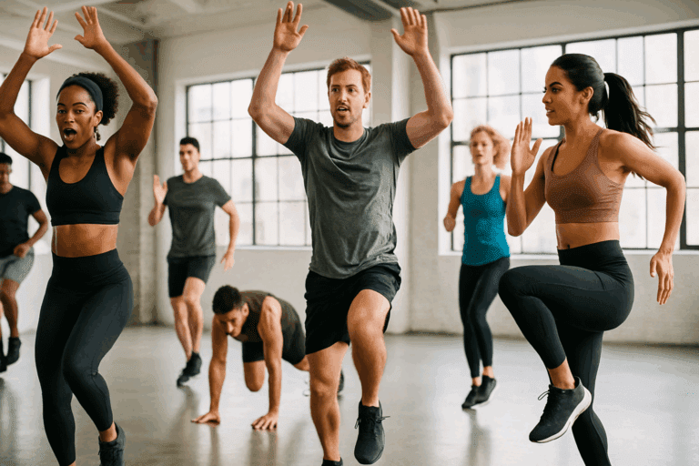Diverse group of athletes performing an intense full body cardio workout with jumping jacks, high knees, and mountain climbers in a bright fitness studio