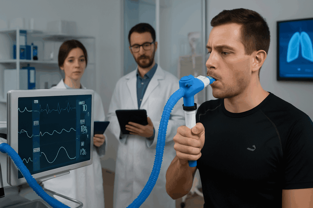 Boost Performance and Stamina: How the Best Lung Exerciser Can Help Enhance Breathing and Endurance Naturally 3 Athlete in laboratory using the best lung exerciser connected to monitors while researchers track respiratory endurance performance