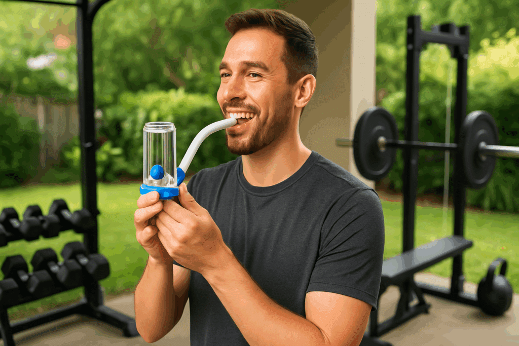 Boost Performance and Stamina: How the Best Lung Exerciser Can Help Enhance Breathing and Endurance Naturally 4 Man training with the best lung exerciser in an outdoor home gym, smiling and focused while improving breathing strength