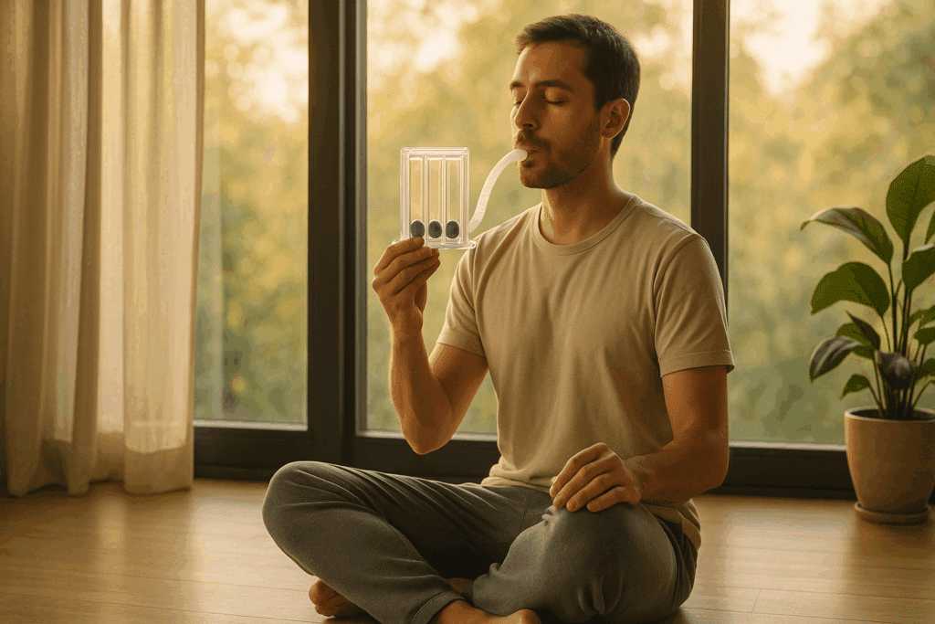 Boost Performance and Stamina: How the Best Lung Exerciser Can Help Enhance Breathing and Endurance Naturally 5 Man practicing mindful breathing with the best lung exerciser while seated cross-legged indoors near a sunny window during a calm morning routine