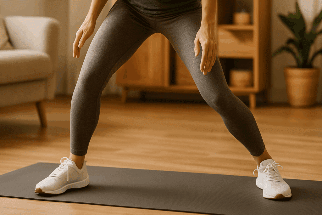 Boost Performance at Home: Best Low Impact Cardio Exercises for Endurance and Stamina Without Equipment 1 Adult performing low impact cardio exercises with side-to-side steps on a yoga mat in a cozy home setting